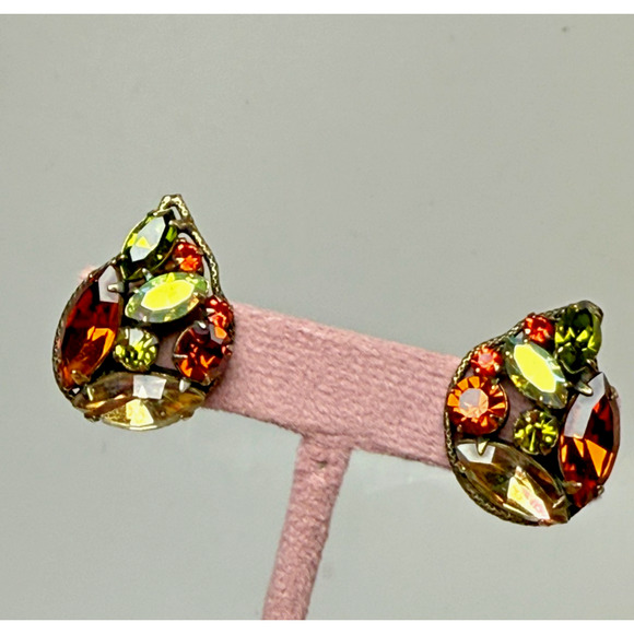 Unknown Jewelry - Vintage Fall Tones Rhinestone Clip Earrings UV Uranium Glow Green Orange Red